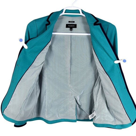 Talbots Aberdeen Womens 10 Teal Blazer Navy Trim Gold Crest Buttons Yacht Jacket - Picture 3 of 16